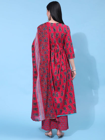 Cotton Calf Length Printed Flared 3/4 Sleeve V Neck Kurta Bottom Dupatta Set