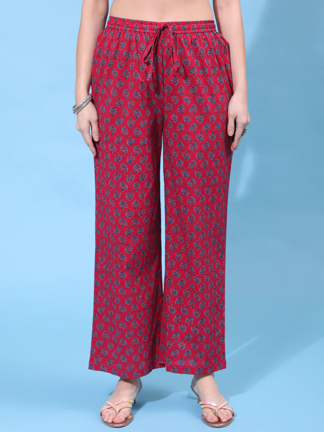 Cotton Calf Length Printed Flared 3/4 Sleeve V Neck Kurta Bottom Dupatta Set