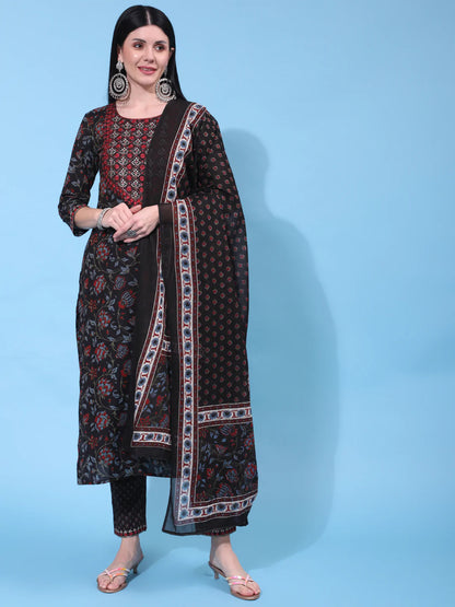 Cotton Calf Length Printed Straight 3/4 Sleeve Round Neck Kurta Bottom Dupatta Set