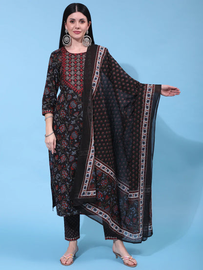 Cotton Calf Length Printed Straight 3/4 Sleeve Round Neck Kurta Bottom Dupatta Set