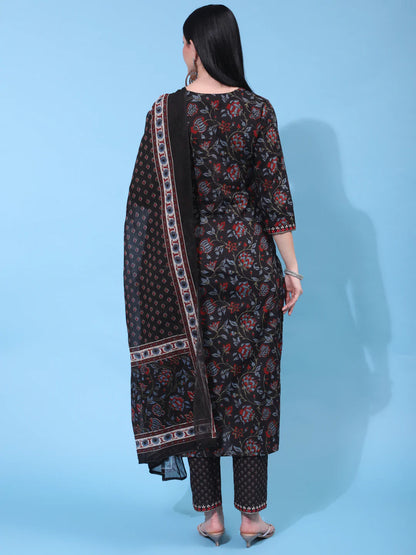 Cotton Calf Length Printed Straight 3/4 Sleeve Round Neck Kurta Bottom Dupatta Set