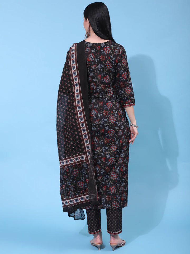 Cotton Calf Length Printed Straight 3/4 Sleeve Round Neck Kurta Bottom Dupatta Set