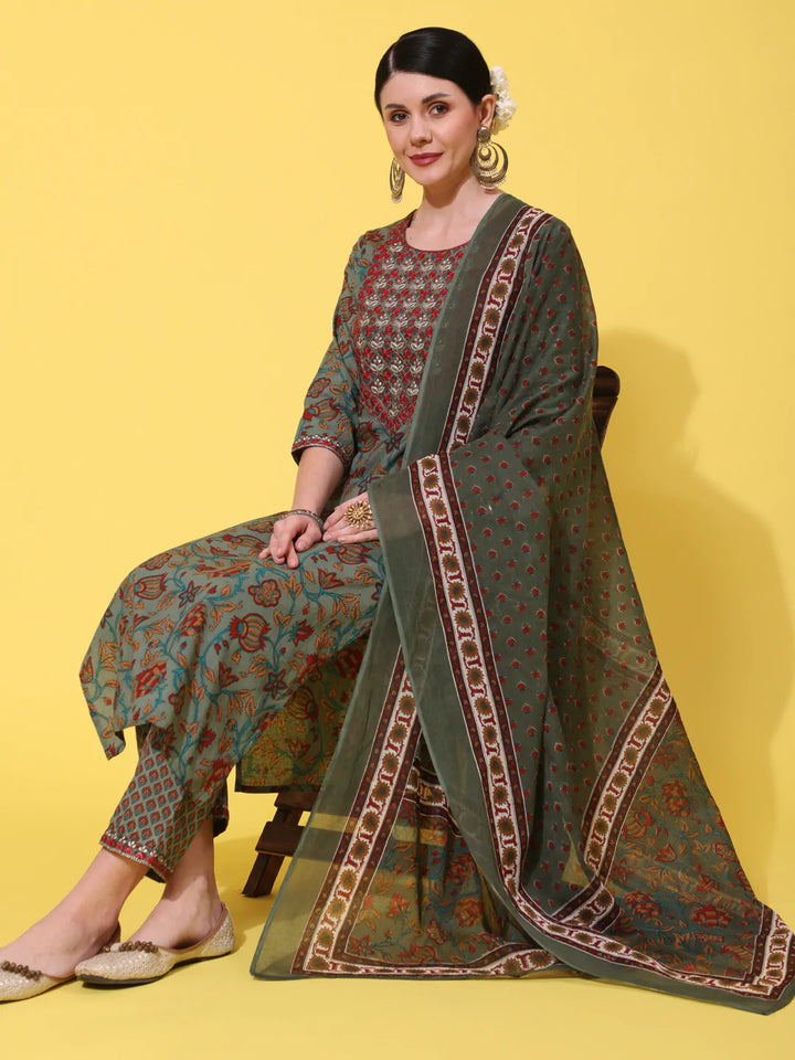 Cotton Calf Length Printed Straight 3/4 Sleeve Round Neck Kurta Bottom Dupatta Set