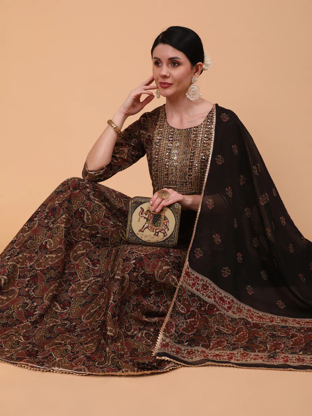 Cotton Calf Length Printed Flared 3/4 Sleeve Round Neck Kurta Bottom Dupatta Set