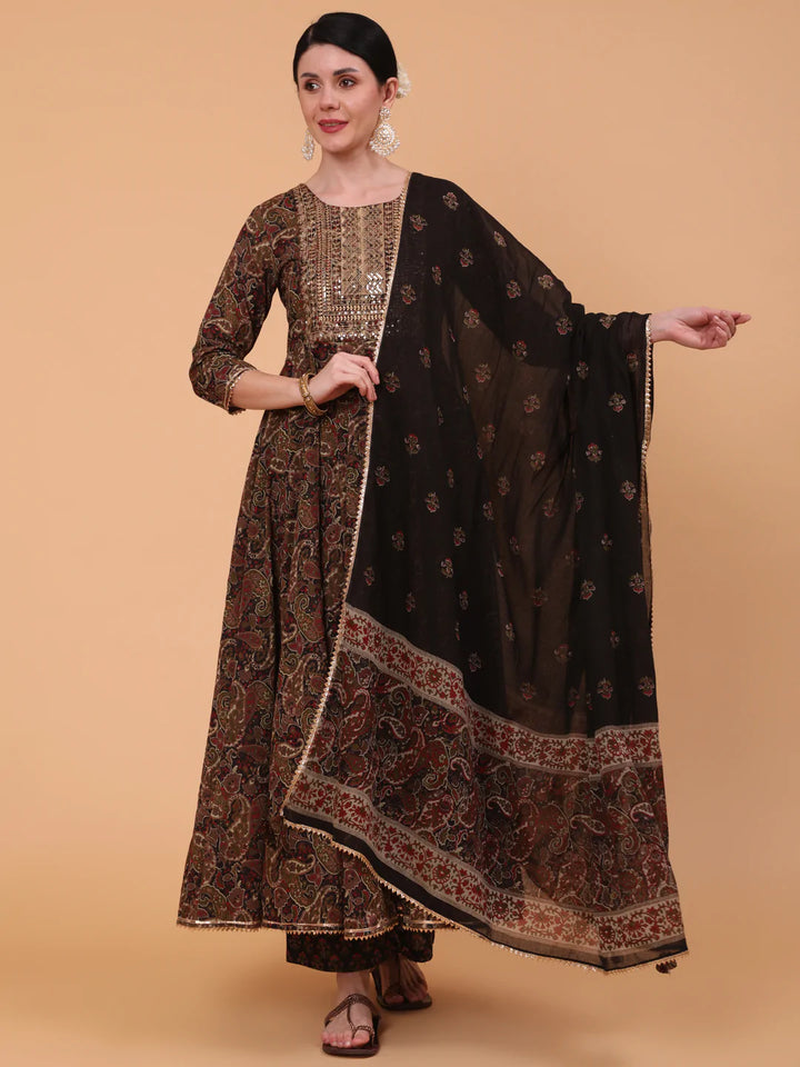 Cotton Calf Length Printed Flared 3/4 Sleeve Round Neck Kurta Bottom Dupatta Set