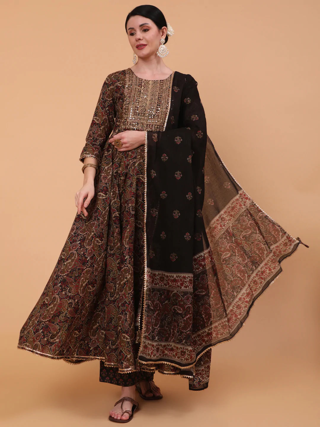 Cotton Calf Length Printed Flared 3/4 Sleeve Round Neck Kurta Bottom Dupatta Set