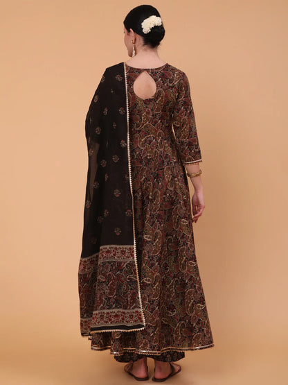 Cotton Calf Length Printed Flared 3/4 Sleeve Round Neck Kurta Bottom Dupatta Set