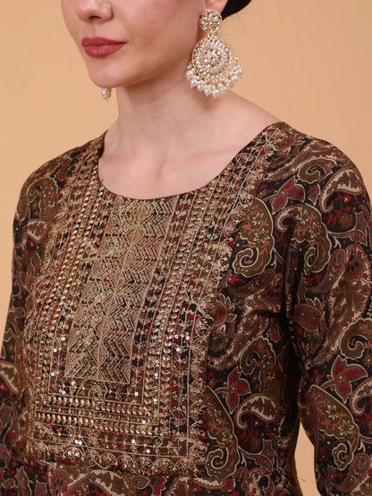 Cotton Calf Length Printed Flared 3/4 Sleeve Round Neck Kurta Bottom Dupatta Set