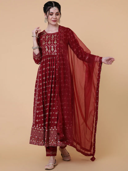 Rayon Calf Length Semi Flared 3/4 Sleeve Printed Round Neck Kurta Bottom Dupatta Set