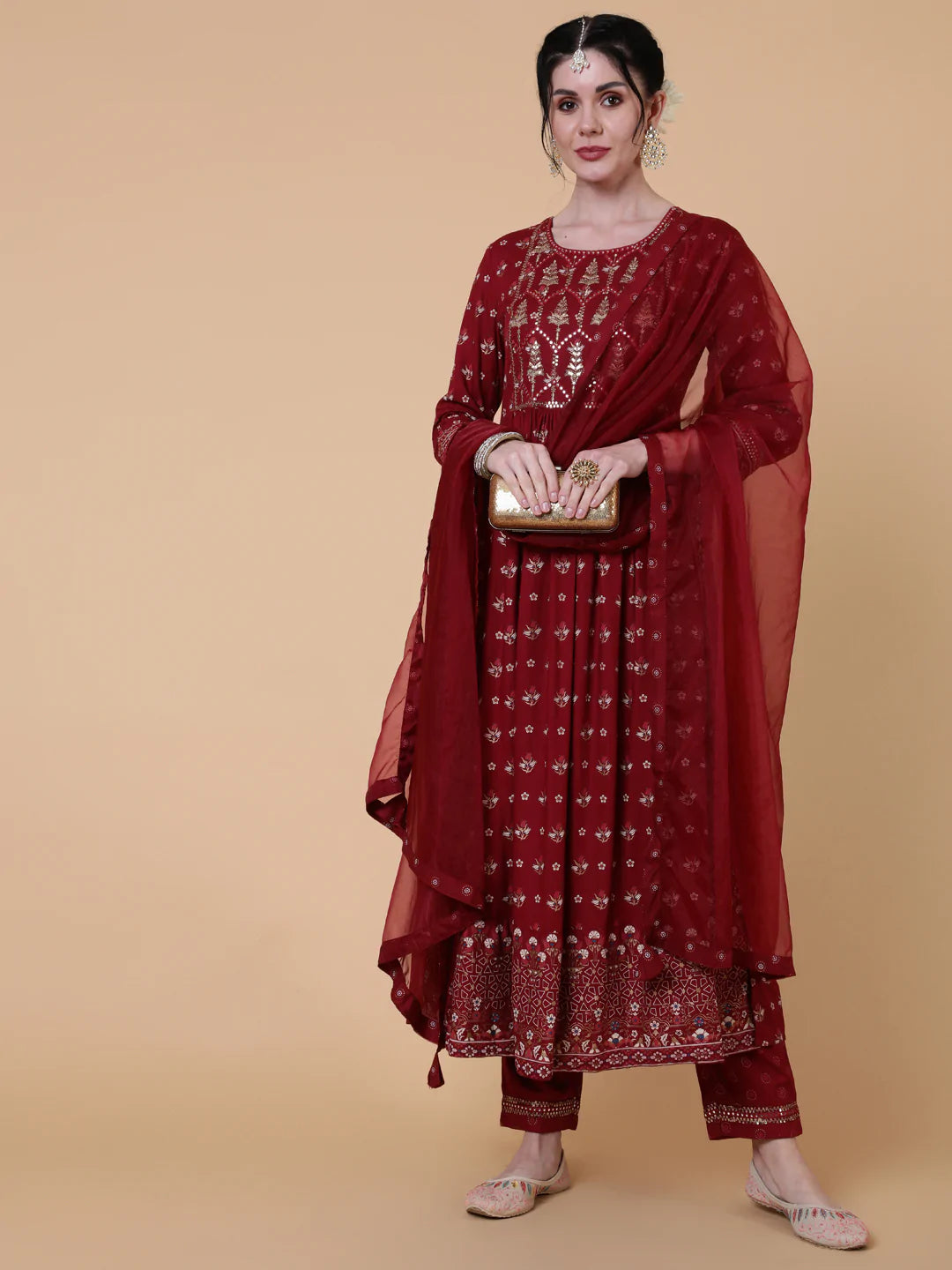 Rayon Calf Length Semi Flared 3/4 Sleeve Printed Round Neck Kurta Bottom Dupatta Set
