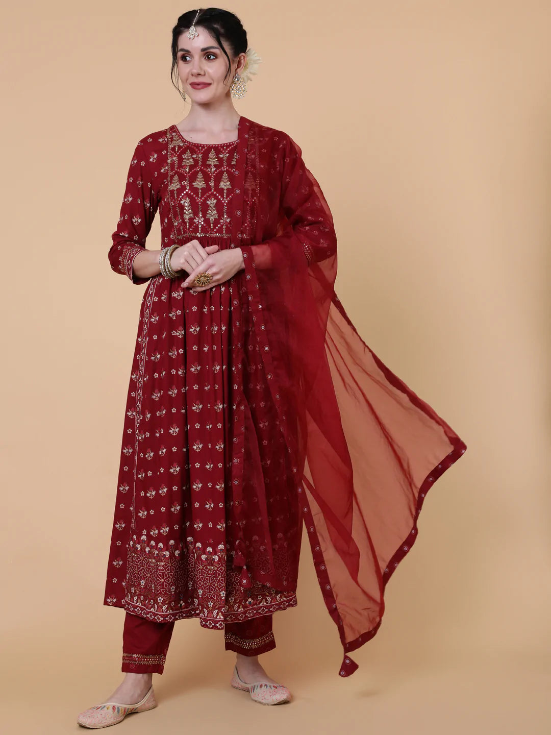 Rayon Calf Length Semi Flared 3/4 Sleeve Printed Round Neck Kurta Bottom Dupatta Set