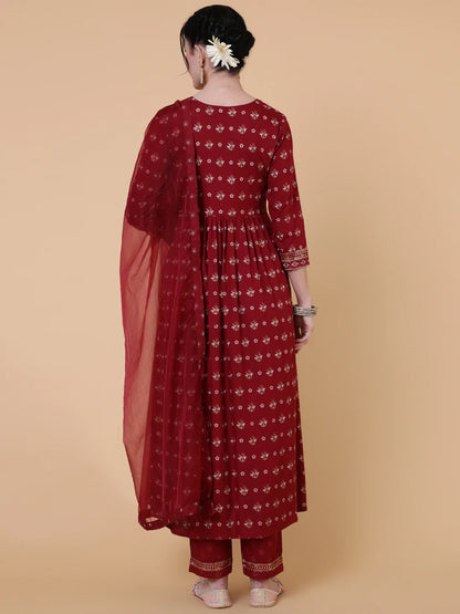 Rayon Calf Length Semi Flared 3/4 Sleeve Printed Round Neck Kurta Bottom Dupatta Set