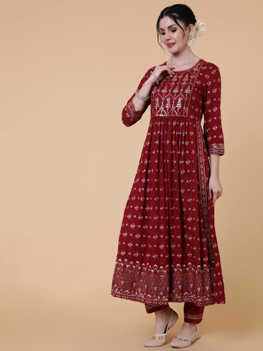 Rayon Calf Length Semi Flared 3/4 Sleeve Printed Round Neck Kurta Bottom Dupatta Set
