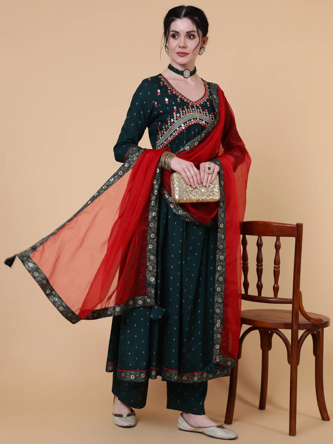Rayon Calf Length Semi Flared 3/4 Sleeve Printed V-Neck Kurta Bottom Dupatta Set