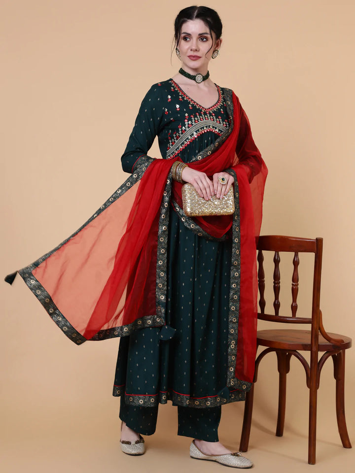 Rayon Calf Length Semi Flared 3/4 Sleeve Printed V-Neck Kurta Bottom Dupatta Set