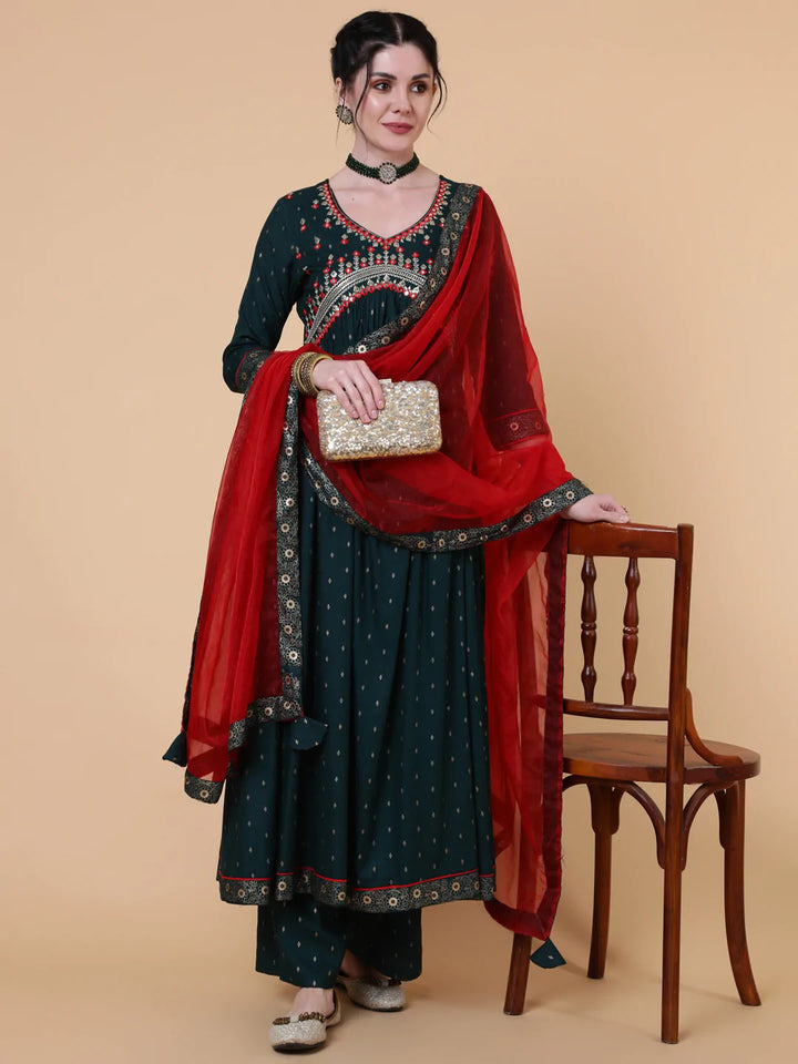 Rayon Calf Length Semi Flared 3/4 Sleeve Printed V-Neck Kurta Bottom Dupatta Set