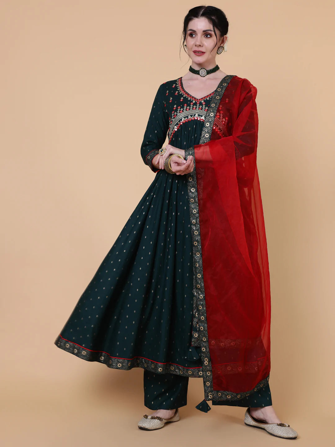 Rayon Calf Length Semi Flared 3/4 Sleeve Printed V-Neck Kurta Bottom Dupatta Set