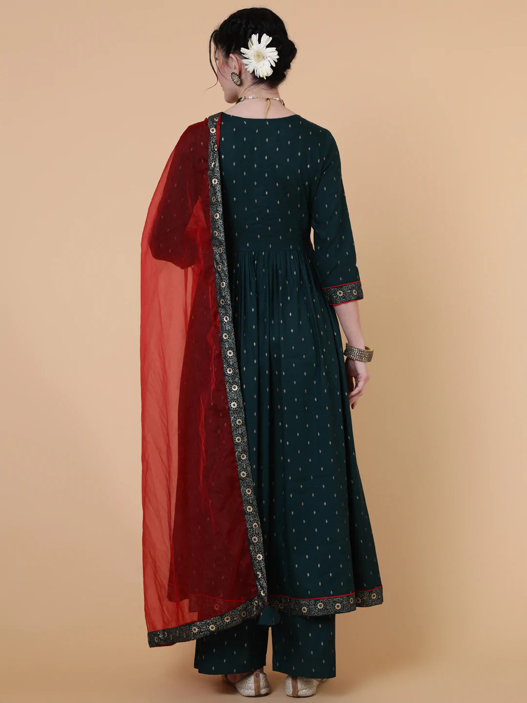 Rayon Calf Length Semi Flared 3/4 Sleeve Printed V-Neck Kurta Bottom Dupatta Set
