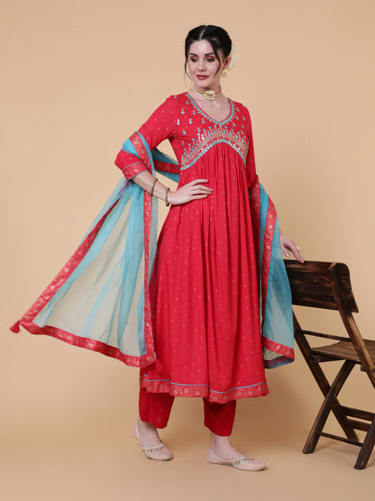 Rayon Calf Length Semi Flared 3/4 Sleeve Printed V-Neck Kurta Bottom Dupatta Set