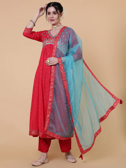Rayon Calf Length Semi Flared 3/4 Sleeve Printed V-Neck Kurta Bottom Dupatta Set