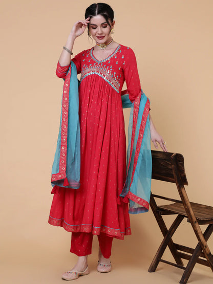 Rayon Calf Length Semi Flared 3/4 Sleeve Printed V-Neck Kurta Bottom Dupatta Set