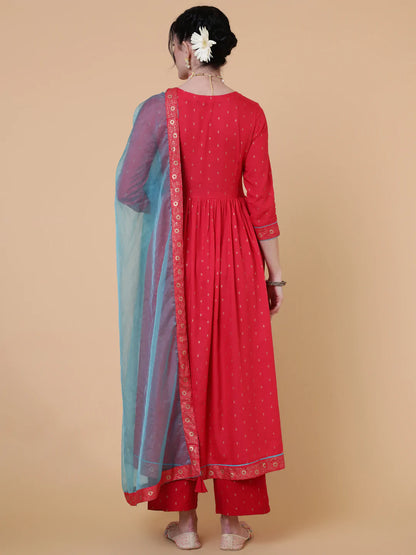 Rayon Calf Length Semi Flared 3/4 Sleeve Printed V-Neck Kurta Bottom Dupatta Set