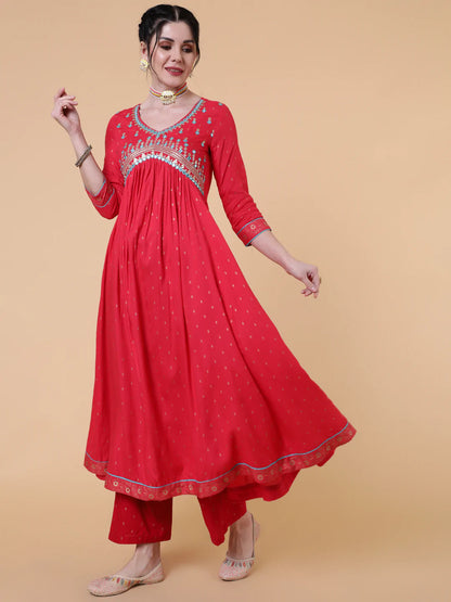 Rayon Calf Length Semi Flared 3/4 Sleeve Printed V-Neck Kurta Bottom Dupatta Set