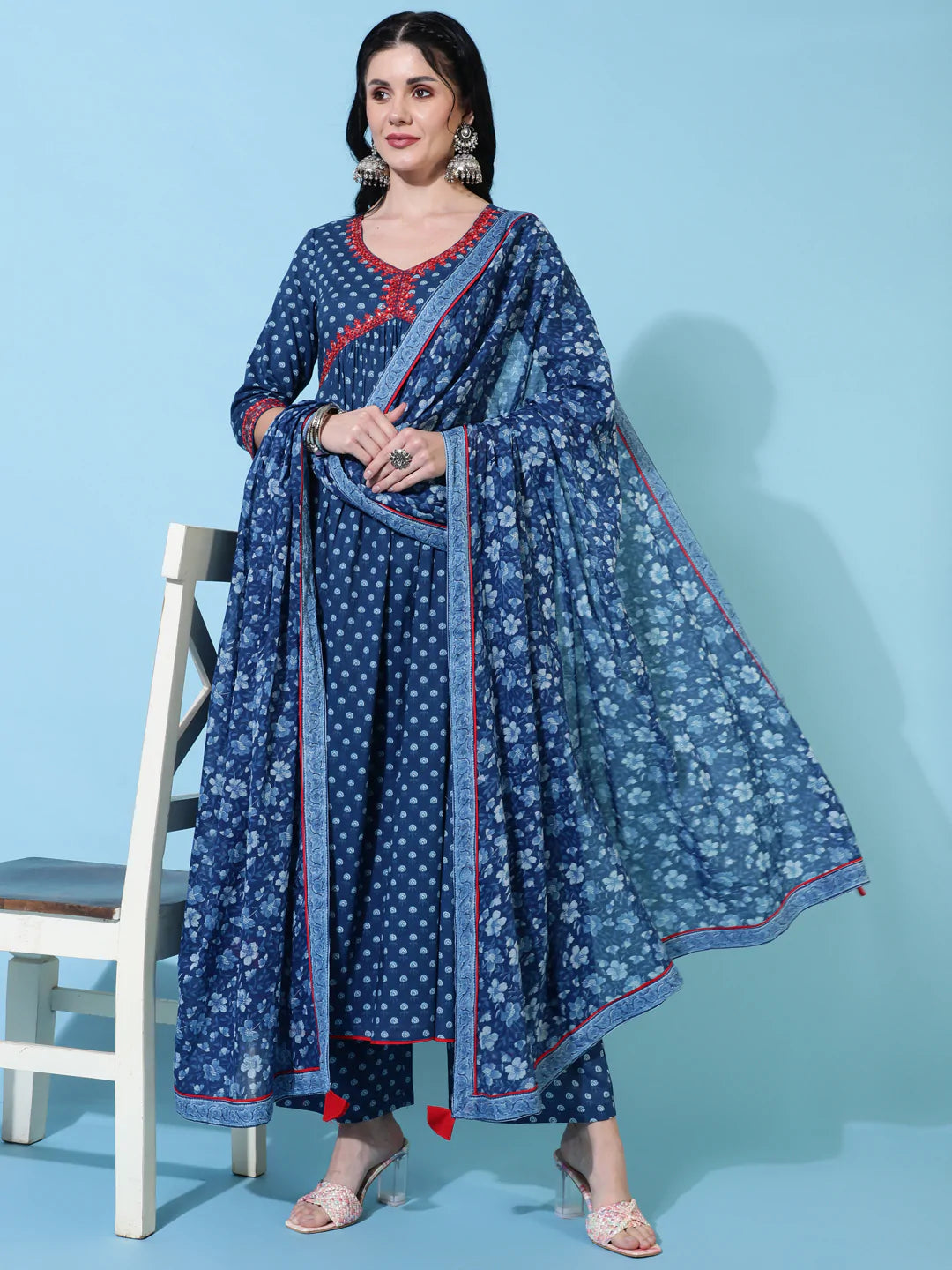 Cotton Calf Length Semi Flared 3/4 Sleeve Printed V-Neck Kurta Bottom Dupatta Set