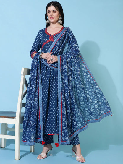 Cotton Calf Length Semi Flared 3/4 Sleeve Printed V-Neck Kurta Bottom Dupatta Set