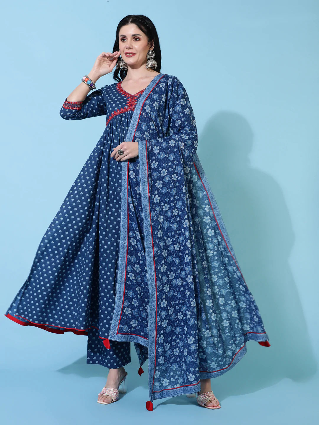 Cotton Calf Length Semi Flared 3/4 Sleeve Printed V-Neck Kurta Bottom Dupatta Set