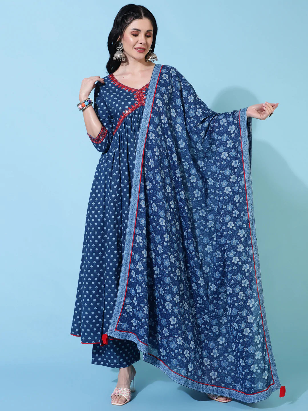 Cotton Calf Length Semi Flared 3/4 Sleeve Printed V-Neck Kurta Bottom Dupatta Set