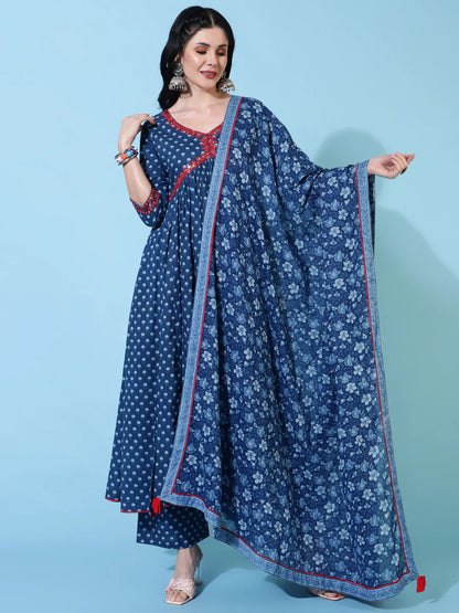 Cotton Calf Length Semi Flared 3/4 Sleeve Printed V-Neck Kurta Bottom Dupatta Set