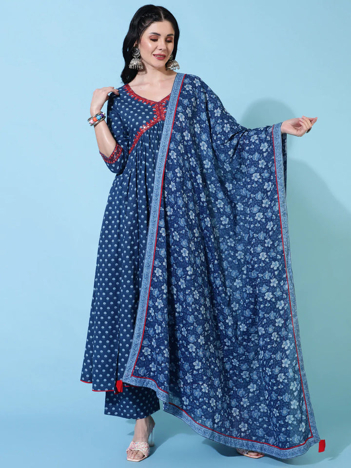Cotton Calf Length Semi Flared 3/4 Sleeve Printed V-Neck Kurta Bottom Dupatta Set