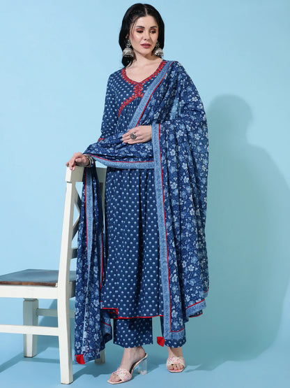 Cotton Calf Length Semi Flared 3/4 Sleeve Printed V-Neck Kurta Bottom Dupatta Set