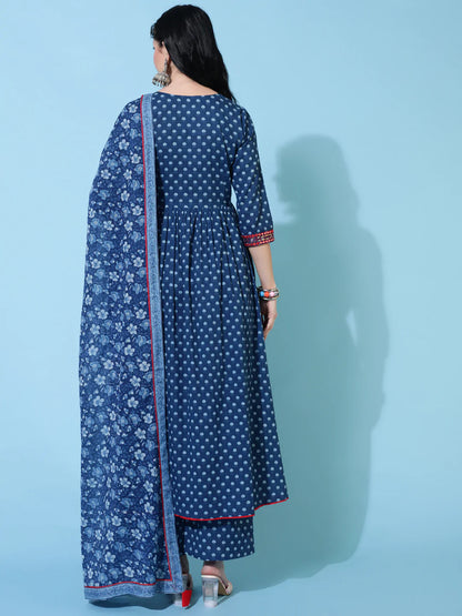Cotton Calf Length Semi Flared 3/4 Sleeve Printed V-Neck Kurta Bottom Dupatta Set