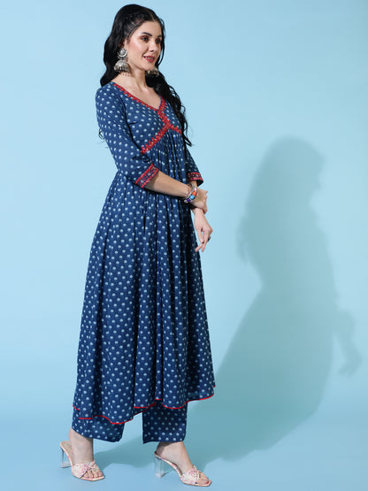 Cotton Calf Length Semi Flared 3/4 Sleeve Printed V-Neck Kurta Bottom Dupatta Set