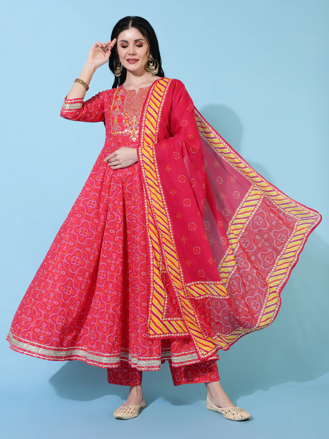 Cotton Calf Length Flared 3/4 Sleeve Printed Round Neck Kurta Bottom Dupatta Set