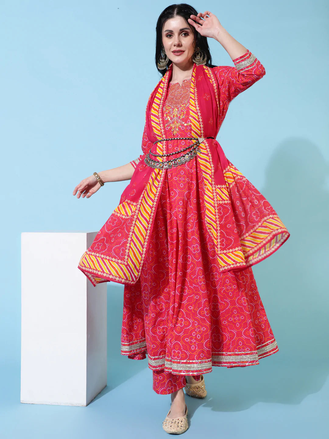 Cotton Calf Length Flared 3/4 Sleeve Printed Round Neck Kurta Bottom Dupatta Set