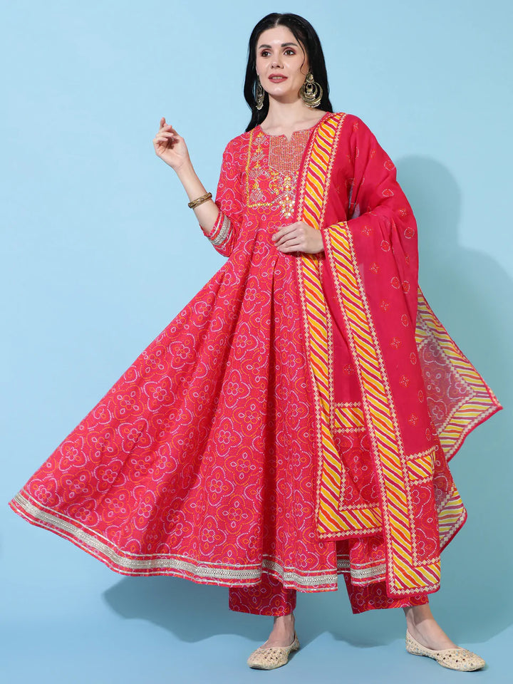 Cotton Calf Length Flared 3/4 Sleeve Printed Round Neck Kurta Bottom Dupatta Set