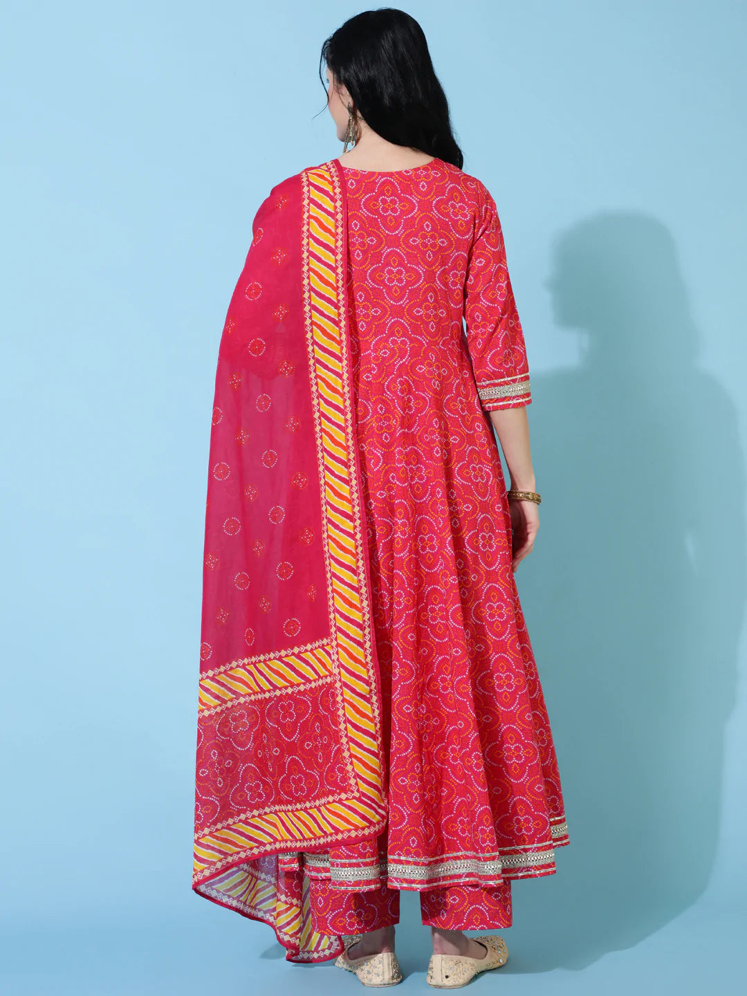 Cotton Calf Length Flared 3/4 Sleeve Printed Round Neck Kurta Bottom Dupatta Set
