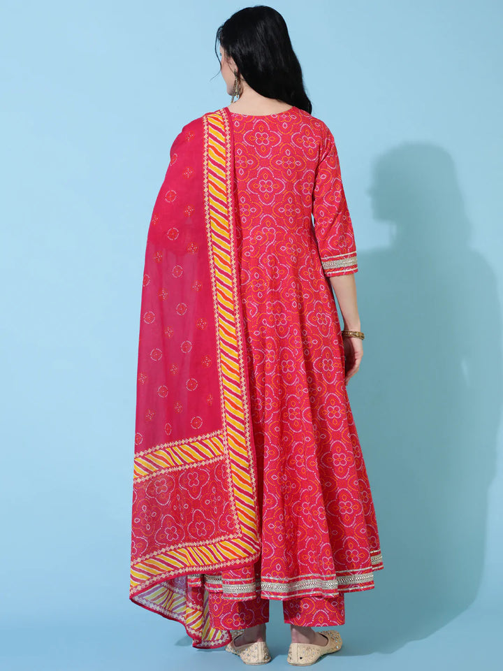 Cotton Calf Length Flared 3/4 Sleeve Printed Round Neck Kurta Bottom Dupatta Set