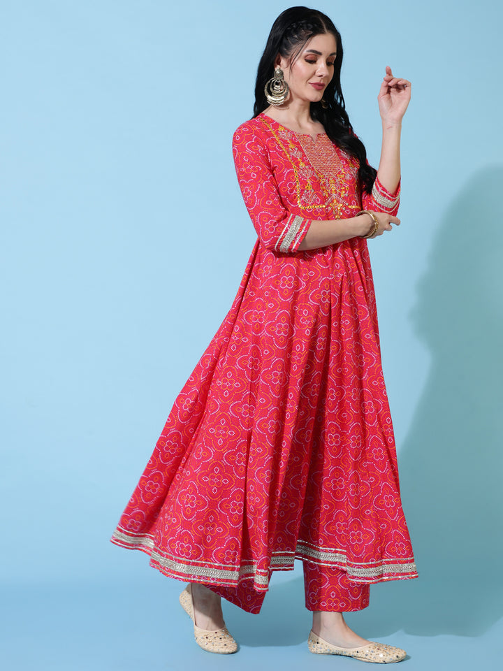 Cotton Calf Length Flared 3/4 Sleeve Printed Round Neck Kurta Bottom Dupatta Set