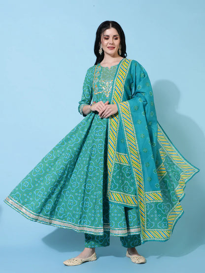 Cotton Calf Length Flared 3/4 Sleeve Printed Round Neck Kurta Bottom Dupatta Set
