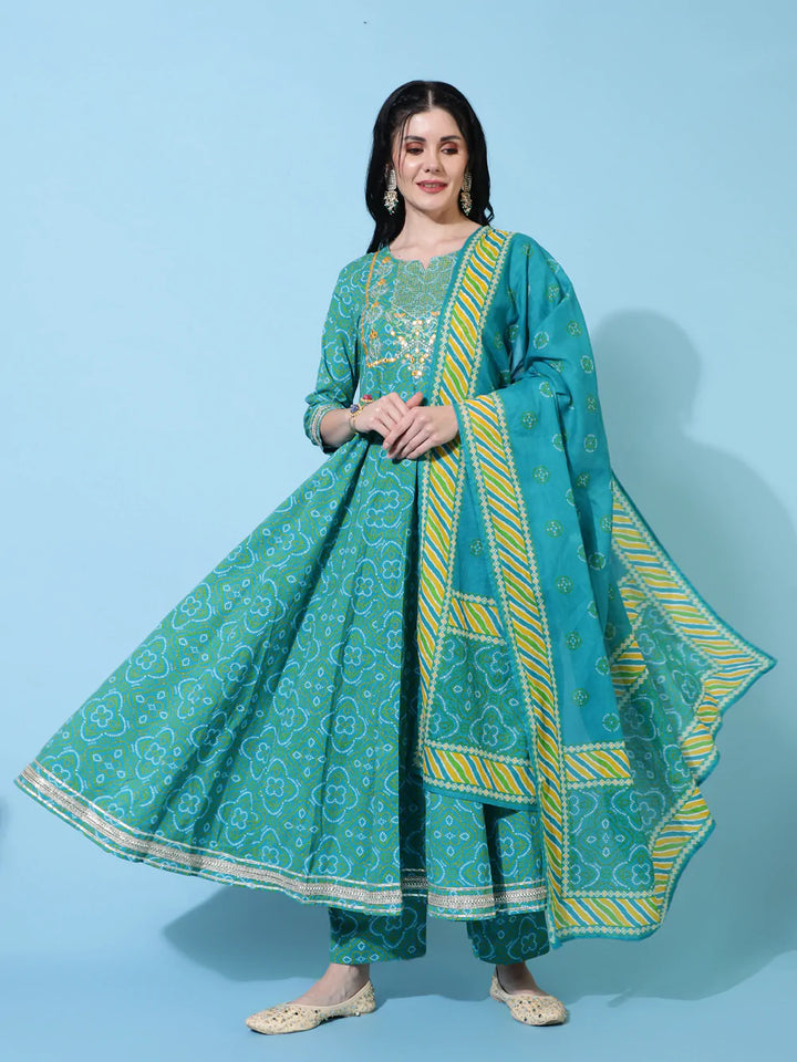 Cotton Calf Length Flared 3/4 Sleeve Printed Round Neck Kurta Bottom Dupatta Set