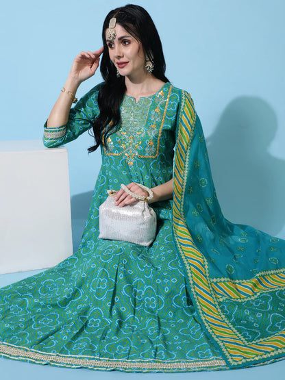 Cotton Calf Length Flared 3/4 Sleeve Printed Round Neck Kurta Bottom Dupatta Set