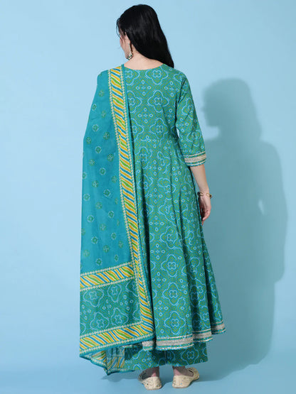Cotton Calf Length Flared 3/4 Sleeve Printed Round Neck Kurta Bottom Dupatta Set