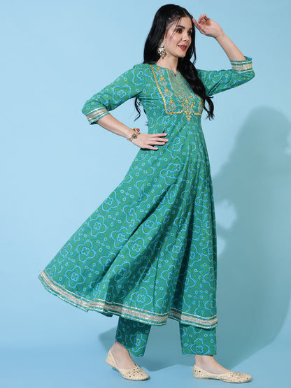 Cotton Calf Length Flared 3/4 Sleeve Printed Round Neck Kurta Bottom Dupatta Set