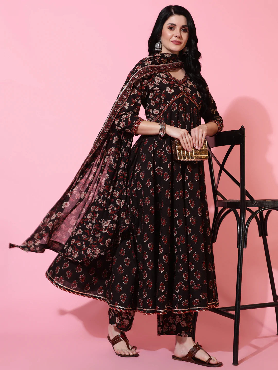 Cotton Calf Length Semi Flared 3/4 Sleeve Printed V-Neck Kurta Bottom Dupatta Set