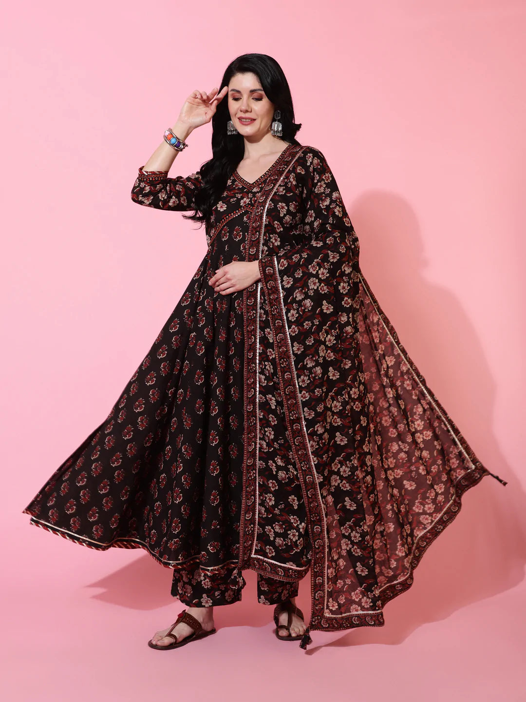 Cotton Calf Length Semi Flared 3/4 Sleeve Printed V-Neck Kurta Bottom Dupatta Set
