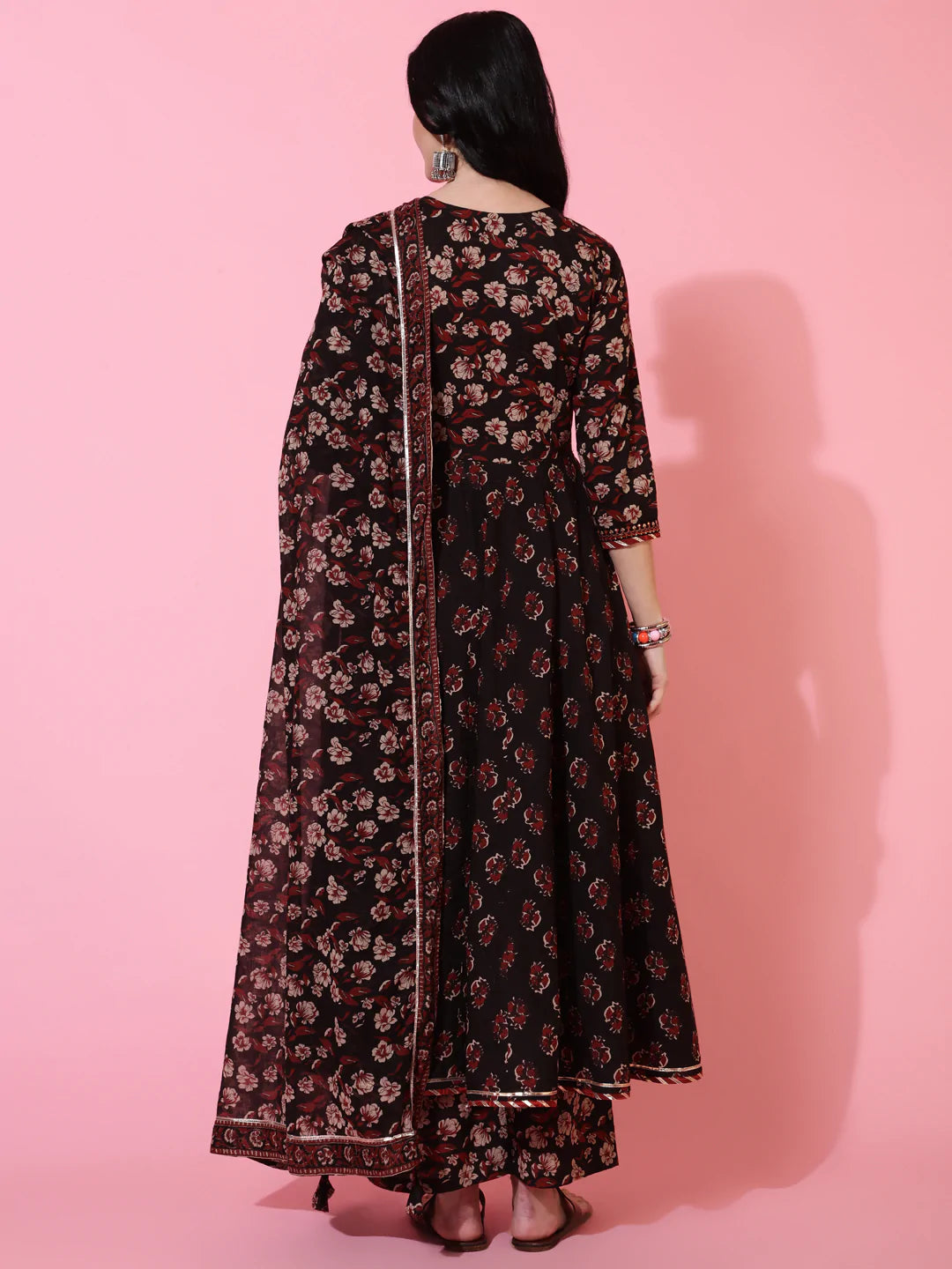 Cotton Calf Length Semi Flared 3/4 Sleeve Printed V-Neck Kurta Bottom Dupatta Set